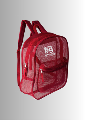 Red mesh backpack with visible branding on a gray background