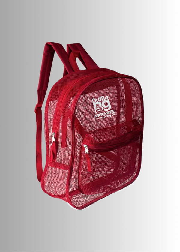 Red mesh backpack with visible branding on a gray background