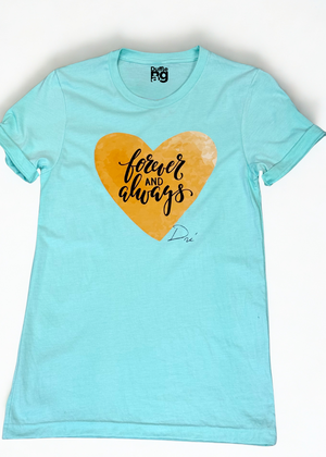 #MintGreen t-shirt with a yellow heart and black text on a white background