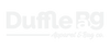 White logo of Duffle RG Apparel & Bag co. on a white background