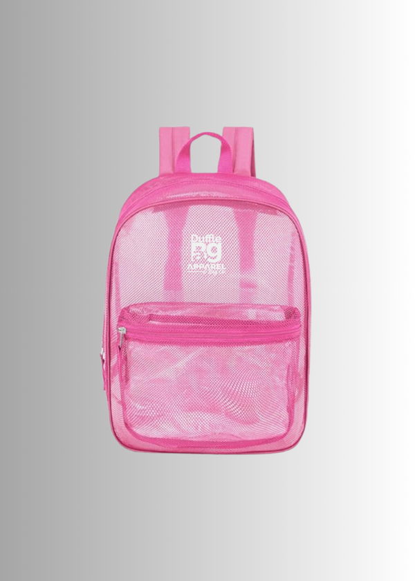 Pink mesh backpack on a gray Dufflebag logo
