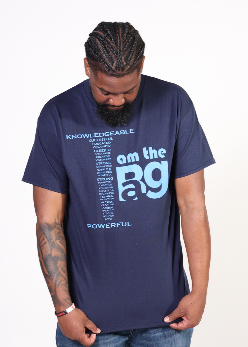 Royal Unisex I AM T-Shirt with bold inspirational text, black with a comfortable fit.
#Navyblue/lightblue