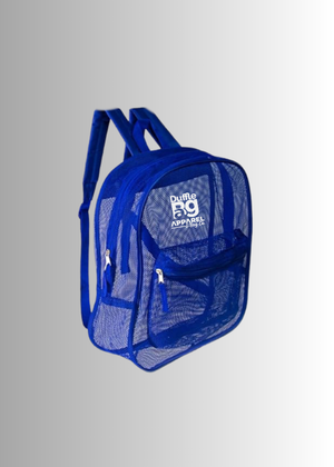 Blue mesh backpack with visible branding  on a gray background