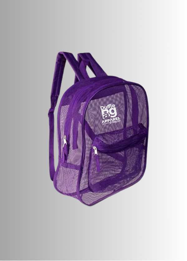 Purple mesh backpack with visible branding on a gray background
