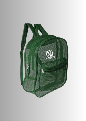 Green mesh backpack with visible branding on a gray background