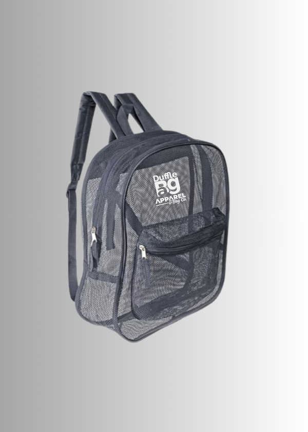 Clear mesh backpack with black straps on a gray background