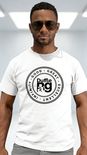 #white Good Slim Fit Tee by Duffle Bag in relaxed unisex style with polyester-cotton blend