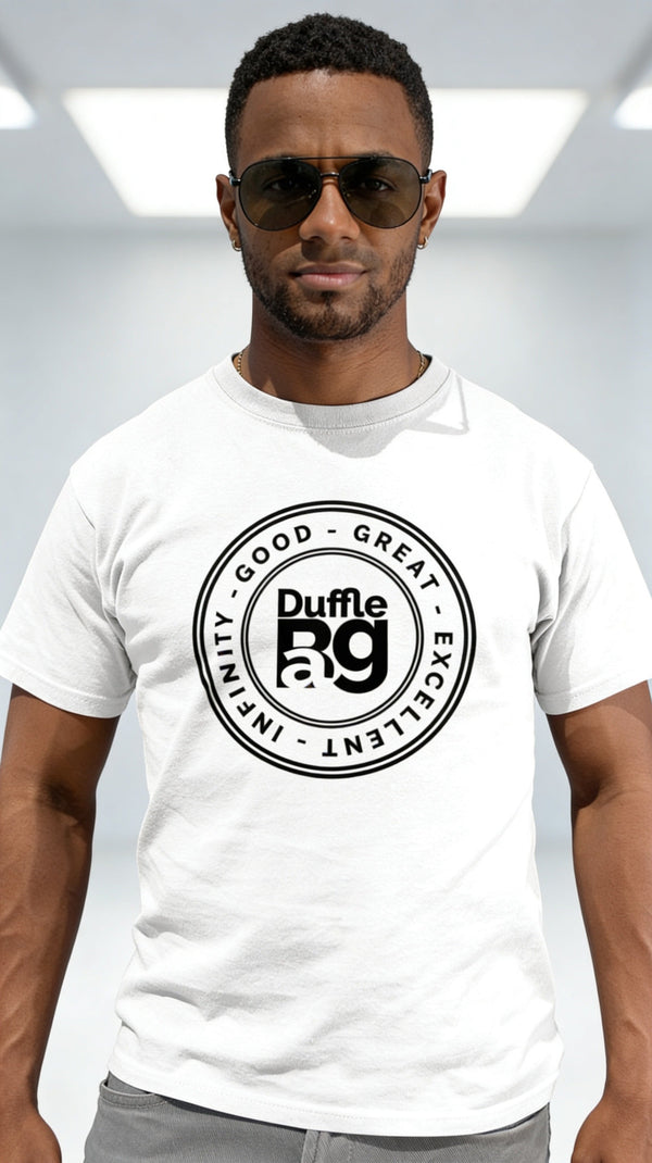 #white Good Slim Fit Tee by Duffle Bag in relaxed unisex style with polyester-cotton blend