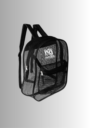 Black mesh backpack with visible branding on a gray background