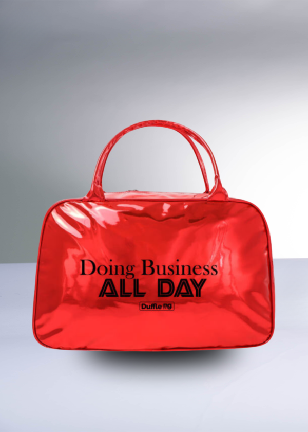 Glossy patent leather oversized business bag with secure top-zip designed for all-day business and travel