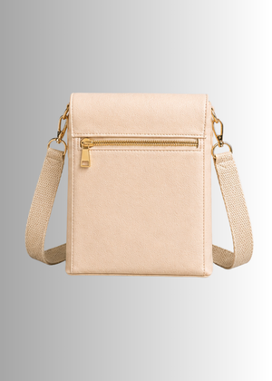 The back of The #Cream Press Crossbody by Duffle  Bag with gold zipper