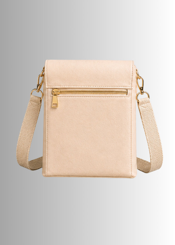 The back of The #Cream Press Crossbody by Duffle  Bag with gold zipper