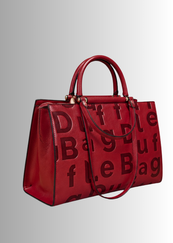 #burgundy Sienna Luxe handbag with 'Duffle Bag' text on a gray background