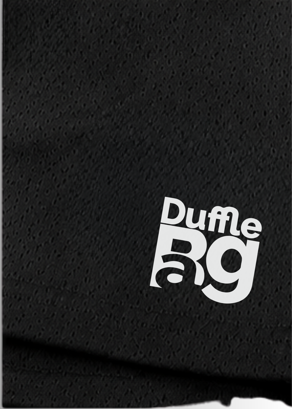 #BLack Duffle Run Performance Dri-Fit Shorts in black with breathable, moisture-wicking fabric and elastic waistband.