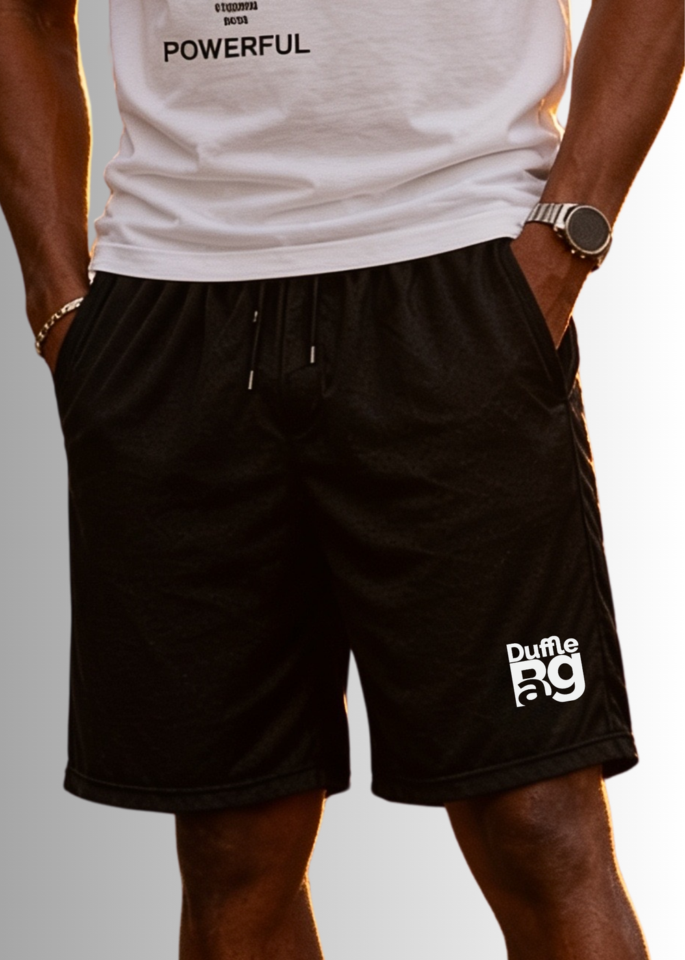 #Black Duffle Run Dri-Fit Shorts in breathable moisture-wicking fabric with relaxed athletic fit and signature logo