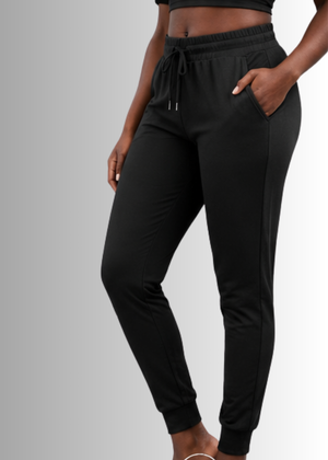 Black Perfect Fit Stretch Jogger Pants with elastic waistband and ribbed cuffs for versatile comfort and style