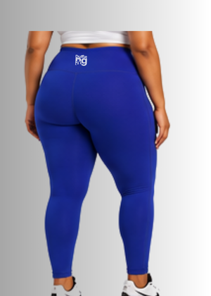 Person wearing #CobaltBlue
 Duffle Bag leggings with a visible brand logo on a gray background
