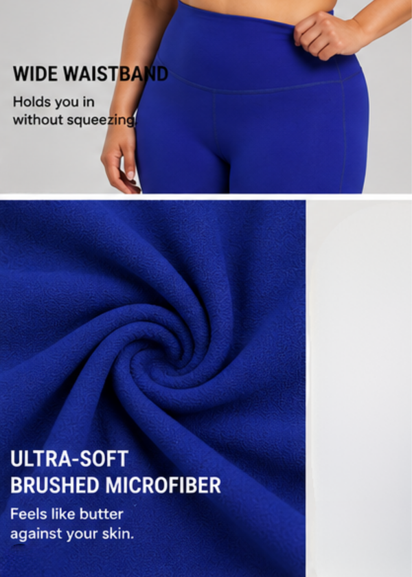 Blue leggings with text highlighting wide waistband and ultra-soft brushed microfiber texture. #CobaltBlue
