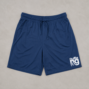 #navyBlue shorts with a logo on a gray background