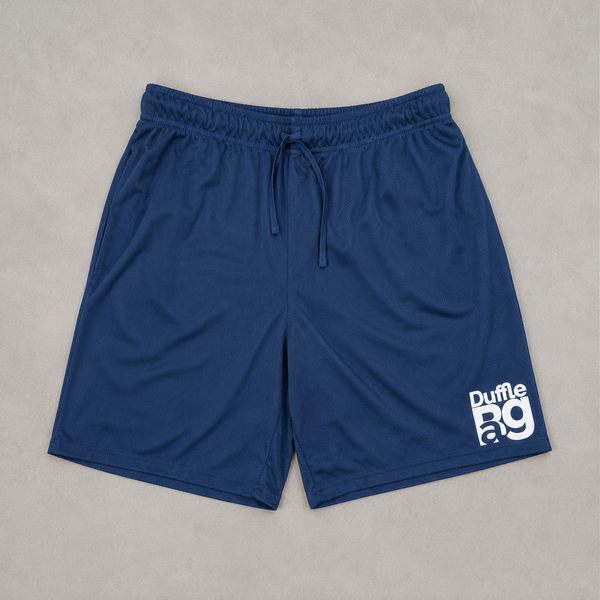 #navyBlue shorts with a logo on a gray background
