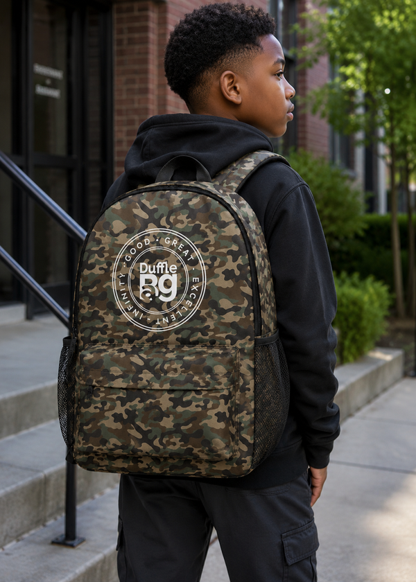 Camo backpack by Duffle Bag with camouflage print and "Success Is A Journey" affirmation detailing