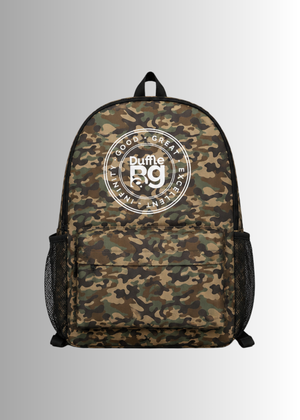 The Journey Camo Backpack by Duffle Bag, camouflage print with "Success Is A Journey" detail, water-resistant and padded straps