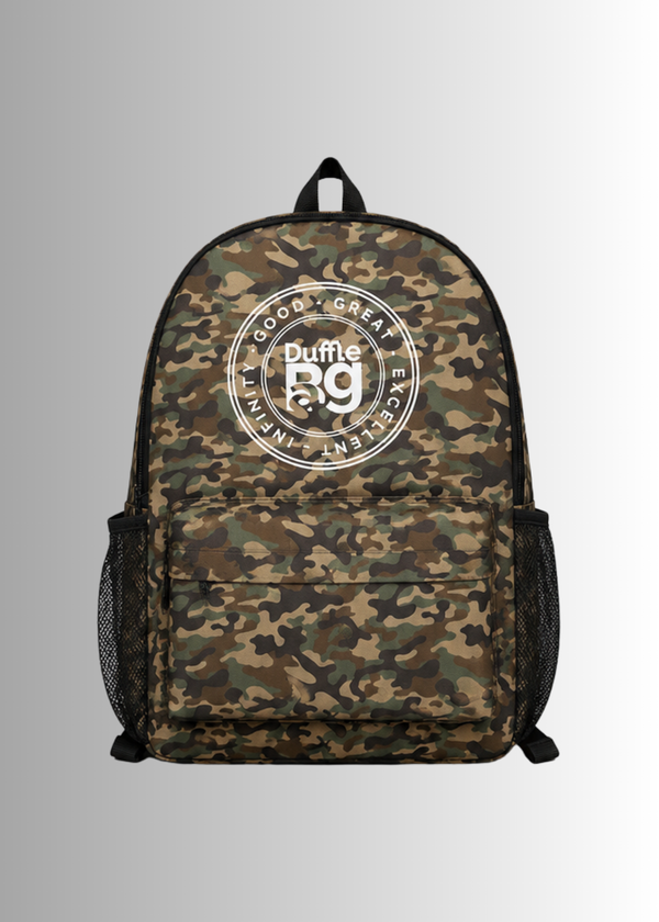 The Journey Camo Backpack by Duffle Bag, camouflage print with "Success Is A Journey" detail, water-resistant and padded straps