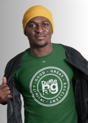 Man wearing green Good Slim Fit Tee by Duffle Bag with yellow beanie and black jacket