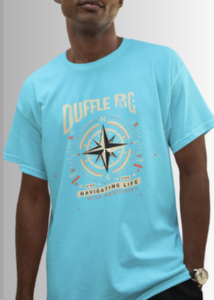 Sky blue NAV Navigating Life T-shirt with compass graphic and positive message, made from 100% preshrunk cotton with a modern classic fit