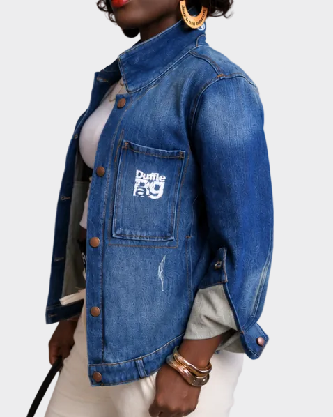 Duffle Bag Apparel distressed denim jacket side three-quarter view