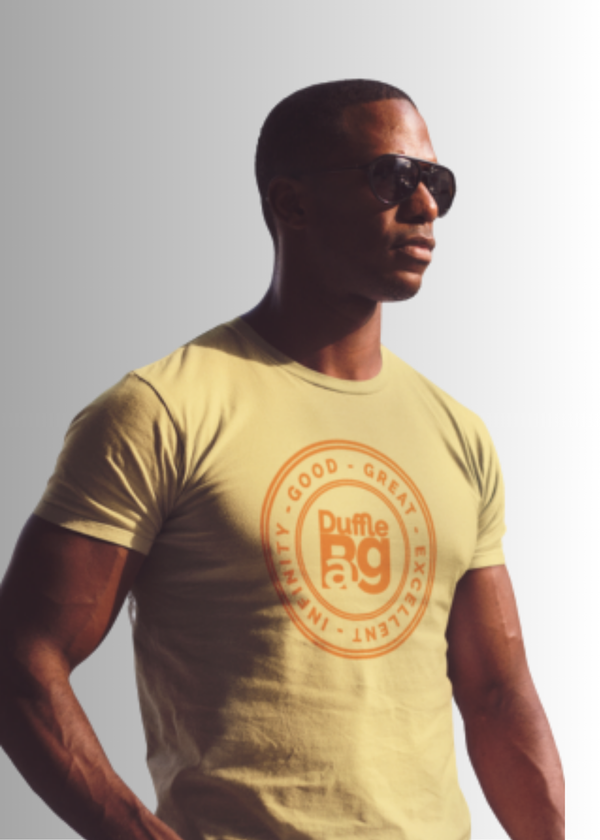 Man wearing a unisex classic fit Good Glow In The Dark Tee with a vibrant yellow and orange logo design.
