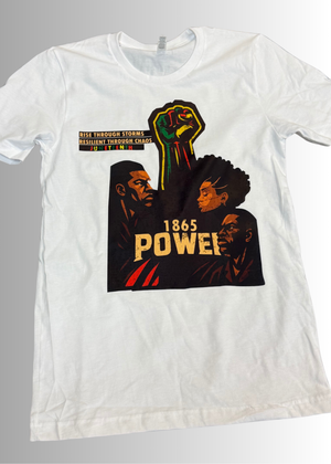 Unisex white Power by 1864 Juneteenth T-shirt with bold graphic of raised fist and three faces celebrating Black excellence and resilience