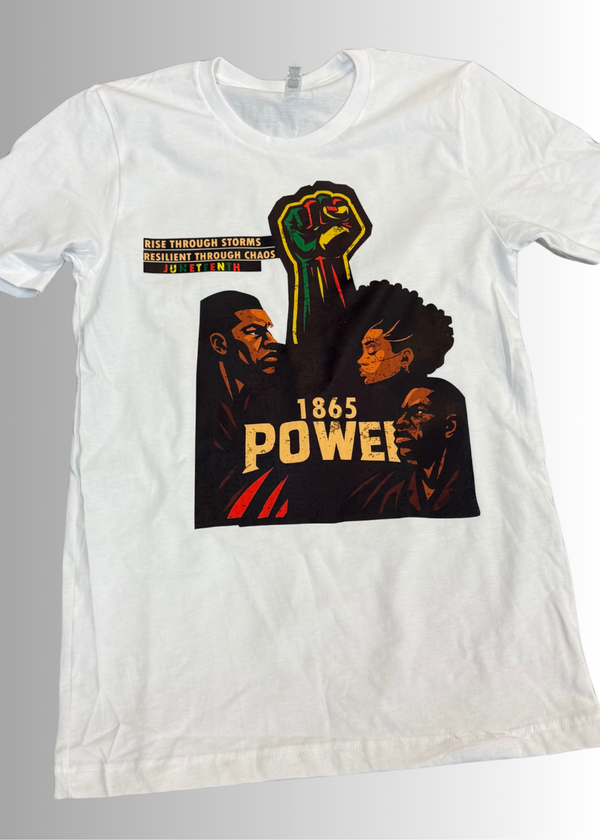 Unisex white Power by 1864 Juneteenth T-shirt with bold graphic of raised fist and three faces celebrating Black excellence and resilience