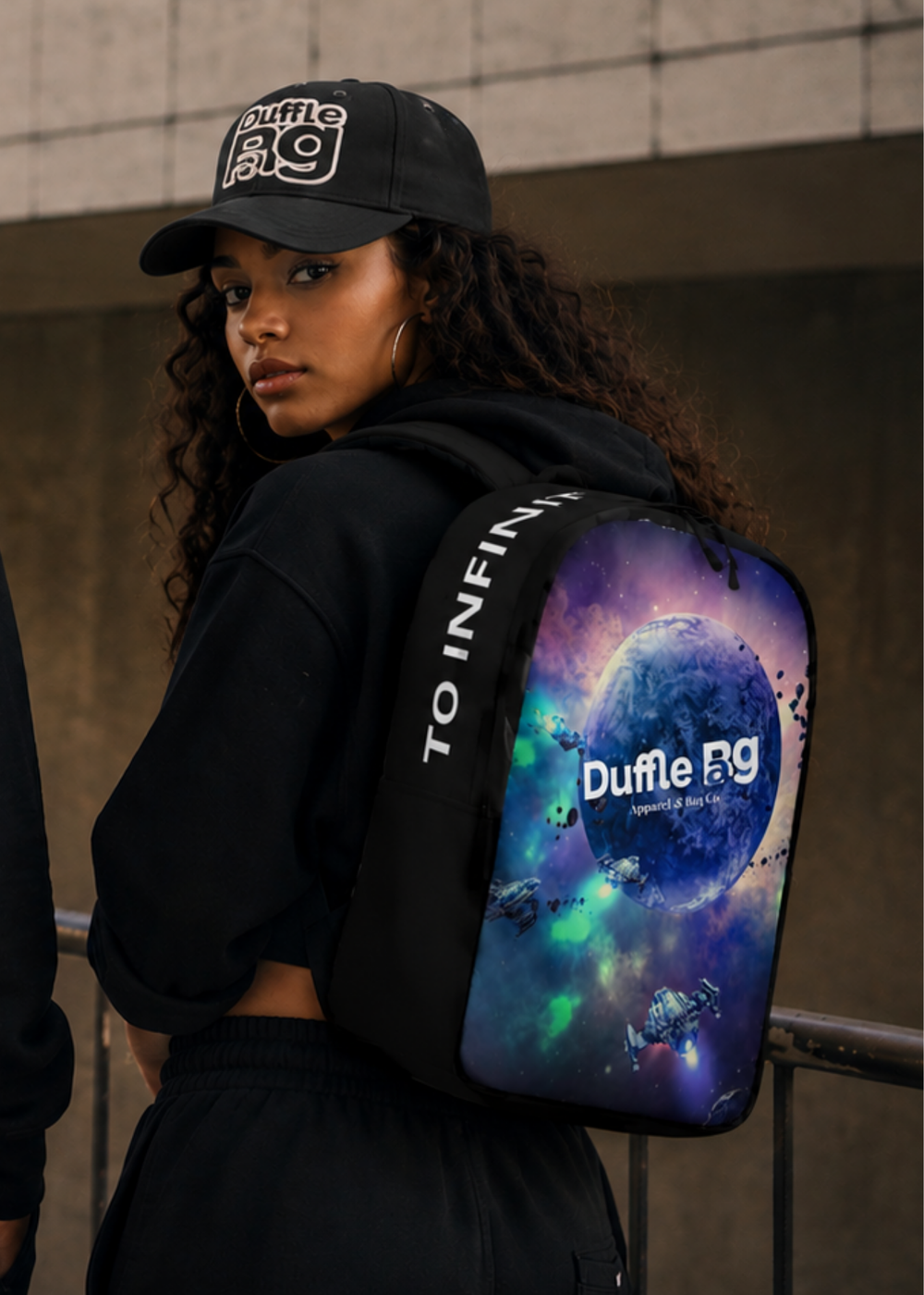 Infinity and Beyond backpack with cosmic design and "TO INFINITY" text