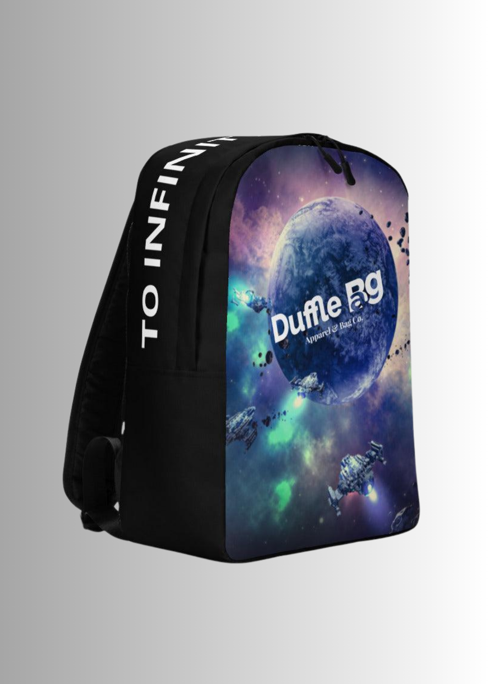 Infinity and Beyond backpack with cosmic design and "TO INFINITY" text