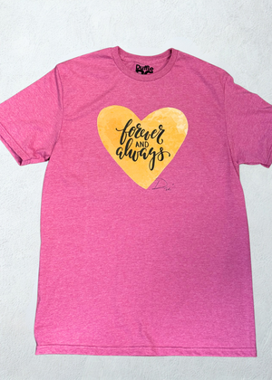 #HeatherPink t-shirt with a yellow heart and 'forever and always' text on a light gray background 