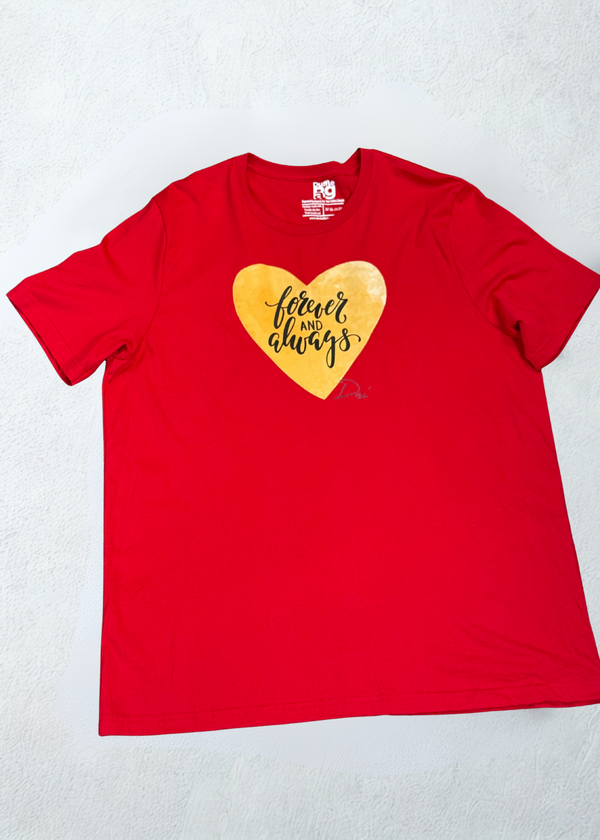 #Red t-shirt with a yellow heart and 'forever and always' text on a white background