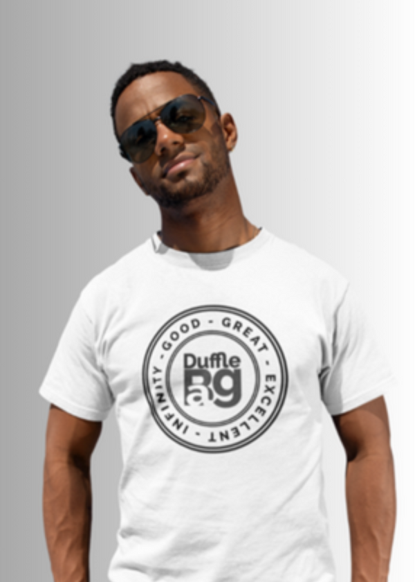 Man wearing white Duffle Bag Exceptional T-Shirt with black "Good Great Excellent Infinity" logo and sunglasses