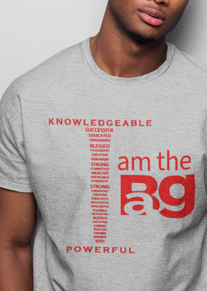 Gray unisex t-shirt with bold red "I am the bag" text and empowering words forming the letter I, lightweight and soft fabric Royal Unisex I AM T-Shirt