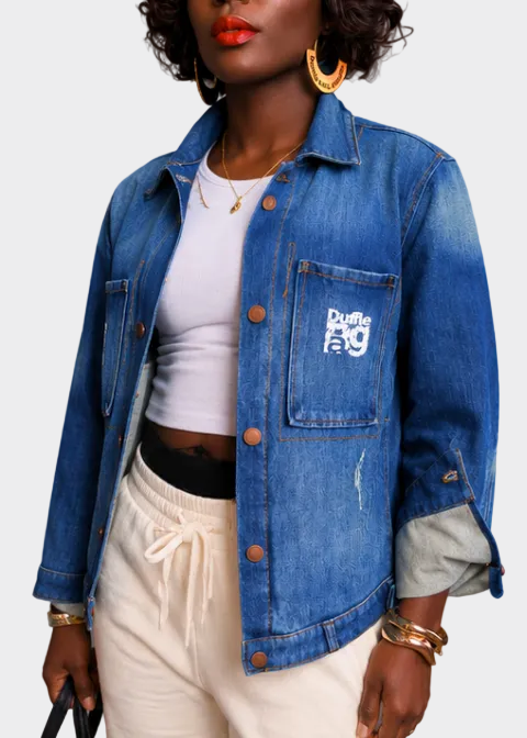 Duffle Bag Apparel distressed denim jacket side three-quarter view