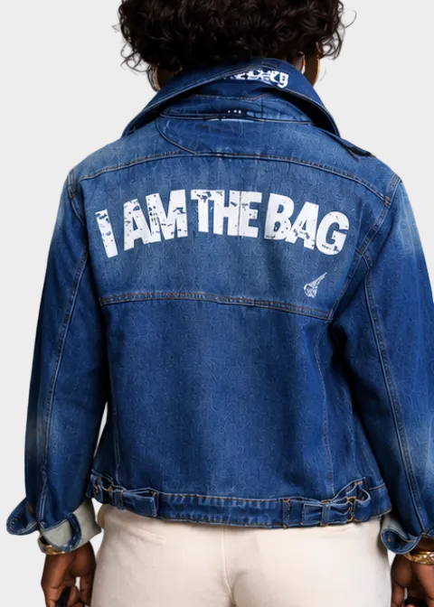 I AM THE BAG graphic denim jacket back view with statement logo