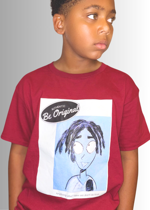 Boy wearing a red Be Original Color Kids T-Shirt with a cartoon design by Junior Designer Kiyan