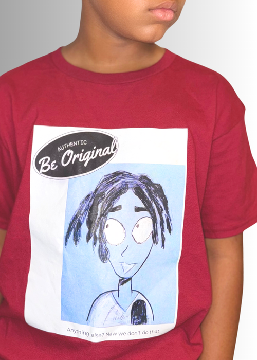 Child wearing maroon Be Original Color Kids T-Shirt by Kiyan with unique hand-drawn character design on front.