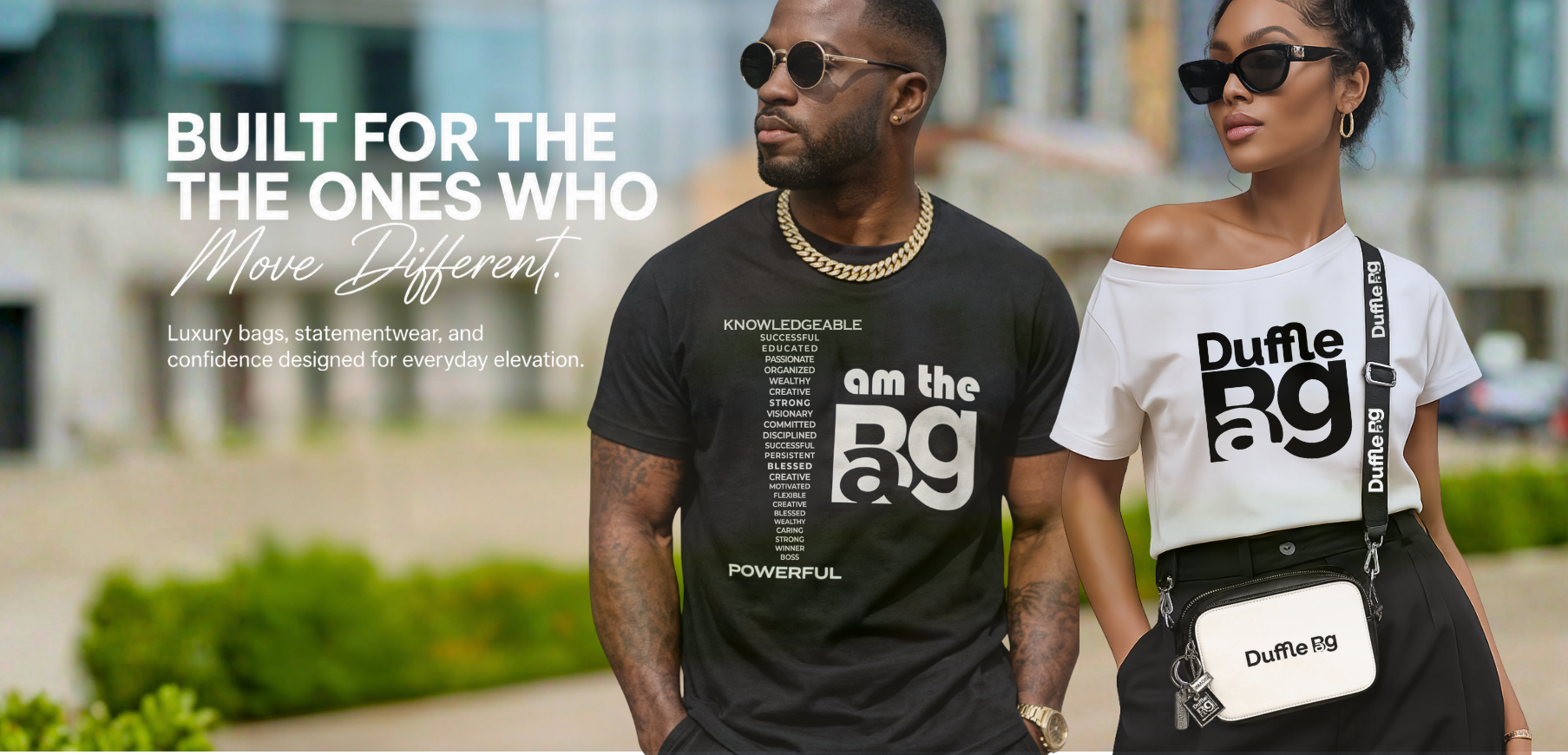 Two people wearing Duffle Bag Apparel t-shirts with  logos outdoors.