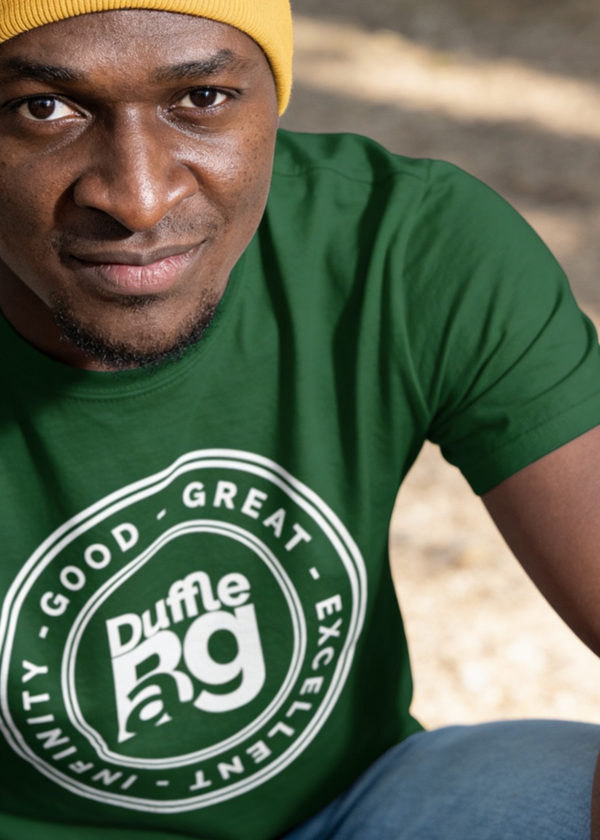 Man wearing #Green Good Slim Fit Tee by Duffle Bag in relaxed unisex fit, made of 50% polyester and 50% cotton