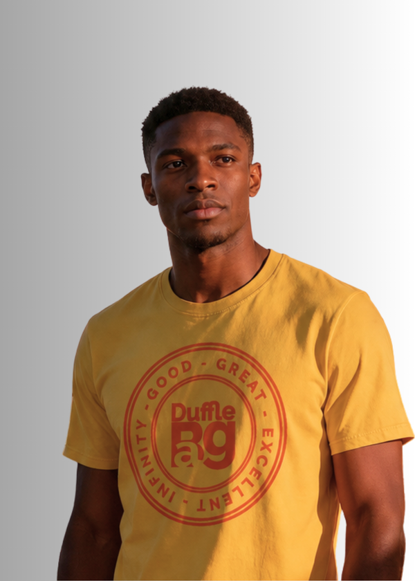 #yellow Good Slim Fit Tee by Duffle Bag Apparel, unisex relaxed fit shirt made of 50% polyester and 50% cotton.
