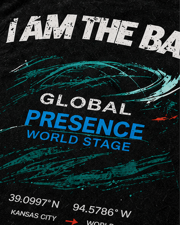 Black t-shirt with Global presence world statge and design on a dark background