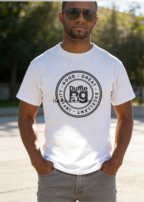 Unisex #white Good Slim Fit Tee by Duffle Bag in relaxed fit, 50% polyester and 50% cotton