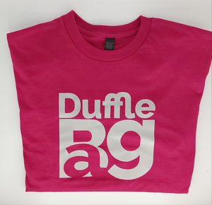 Unisex pink t-shirt with large white reflective Duffle Bag logo on chest, classic fit and breathable fabric