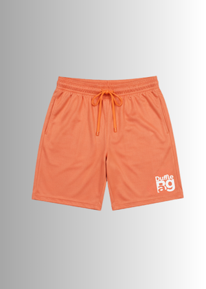 #CoralPeach shorts with a logo on a gray background